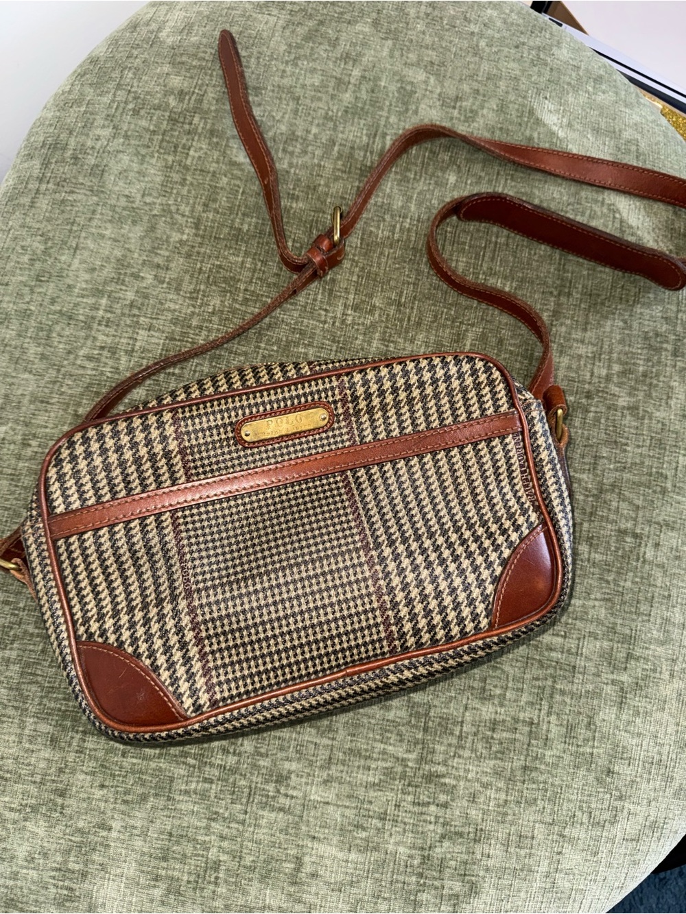 Vtg Polo Ralph Lauren Houndstooth Leather Crossbody Bag Brown Tan